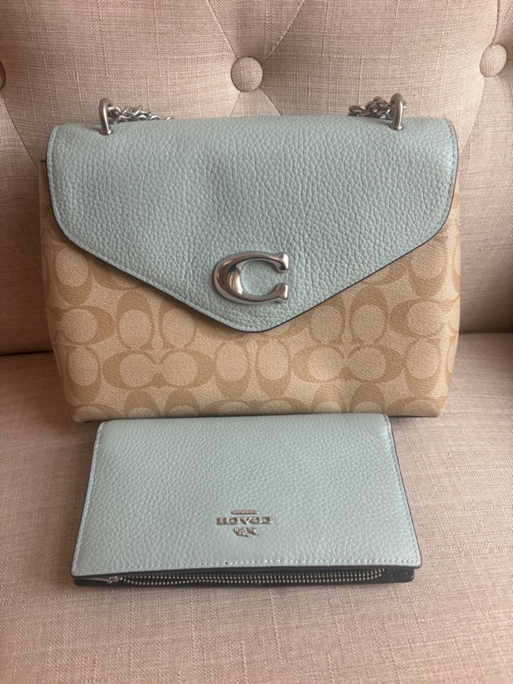 Coach Signature Canvas Crossbody with Light Blue Leather Trim and Wallet - Picture 2 of 6